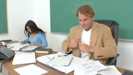 Aroused babe fucks on the desk in some of the kinkiest positions