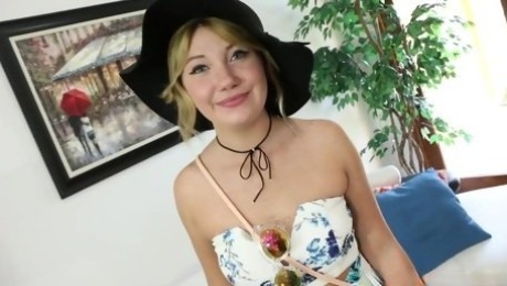 Lewd blondie in hat Zelda Morrison gives her head and gets fucked in different poses